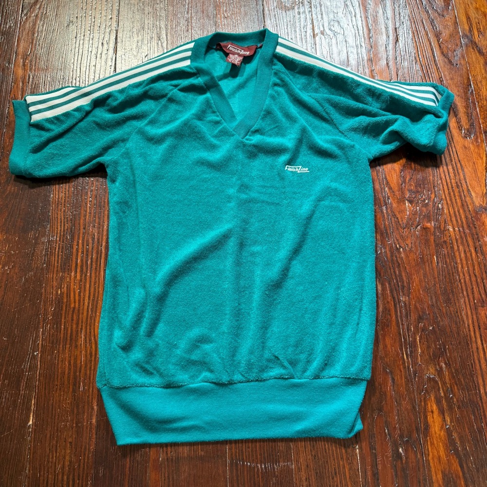 Vintage 80s Finish Line Velour Shirt Mens S Teal Green Striped V Neck